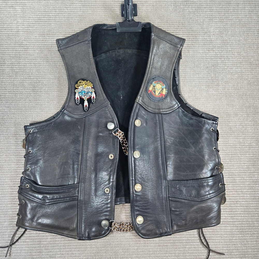 Kerr Leather Mens XL Black Vintage Painted Buffalo Skull Leather Biker Vest